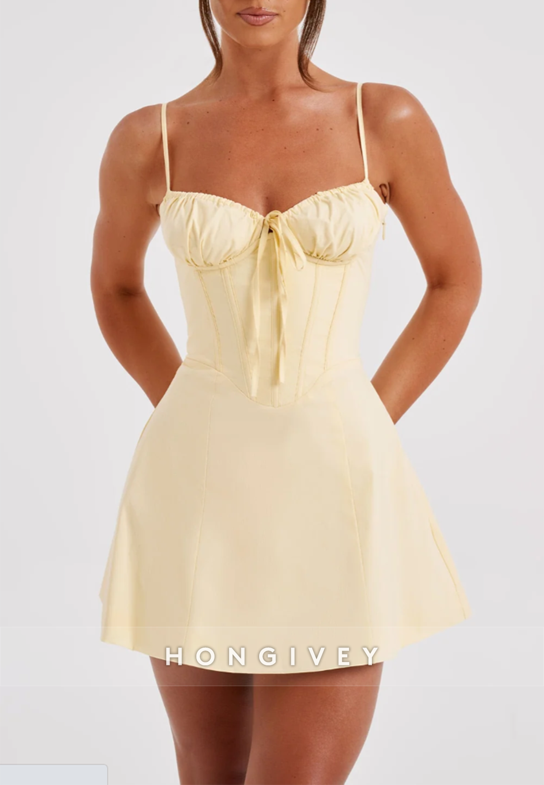 Spaghetti Straps Tie Back Sleeveless A-Line Mini Homecoming Dresses
