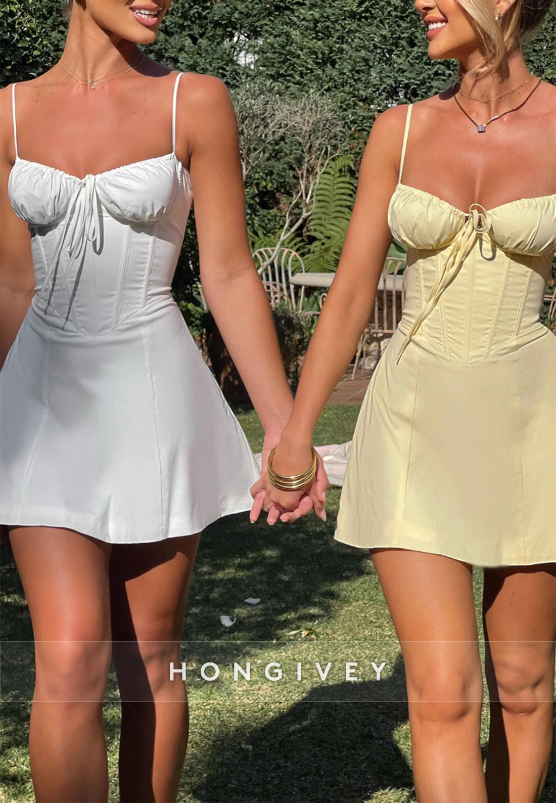 Spaghetti Straps Tie Back Sleeveless A-Line Mini Homecoming Dresses