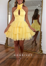 Halter A-Line High Neck Ruched Short Homecoming Dresses with Keyhole