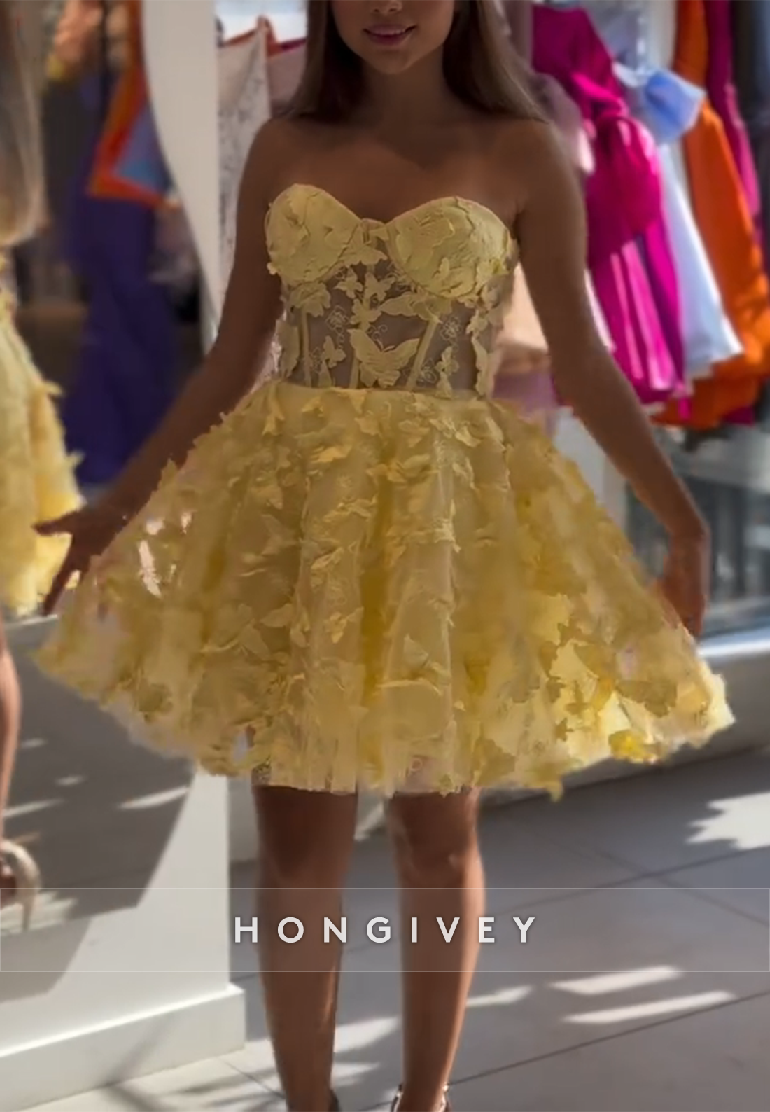 Yellow A-Line Strapless Short Homecoming Dress with Butterfly Appliques