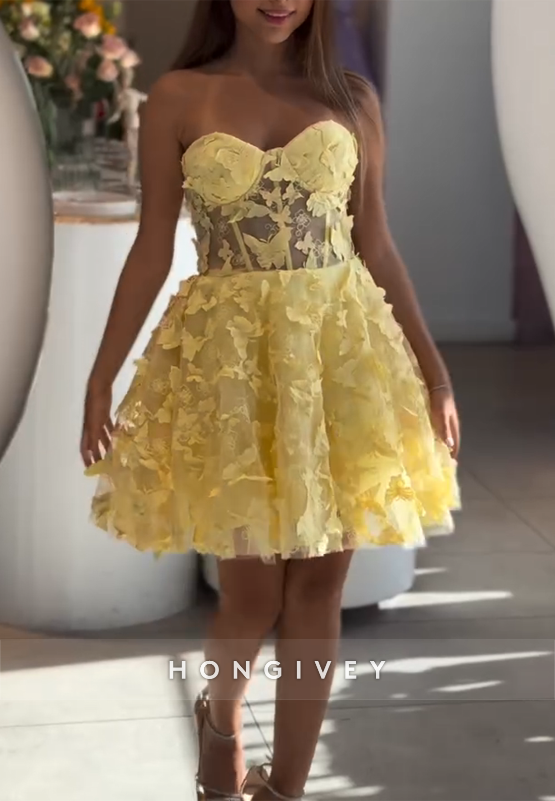Yellow A-Line Strapless Short Homecoming Dress with Butterfly Appliques