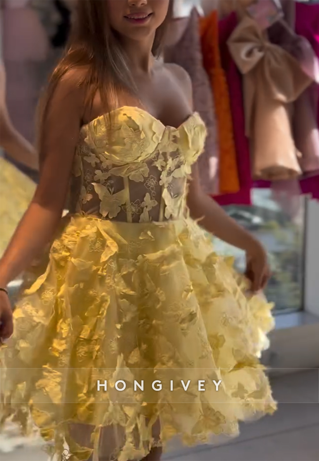 Yellow A-Line Strapless Short Homecoming Dress with Butterfly Appliques