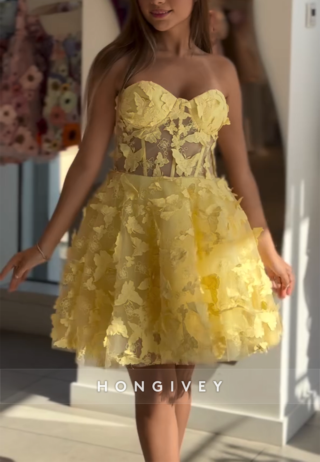 Yellow A-Line Strapless Short Homecoming Dress with Butterfly Appliques