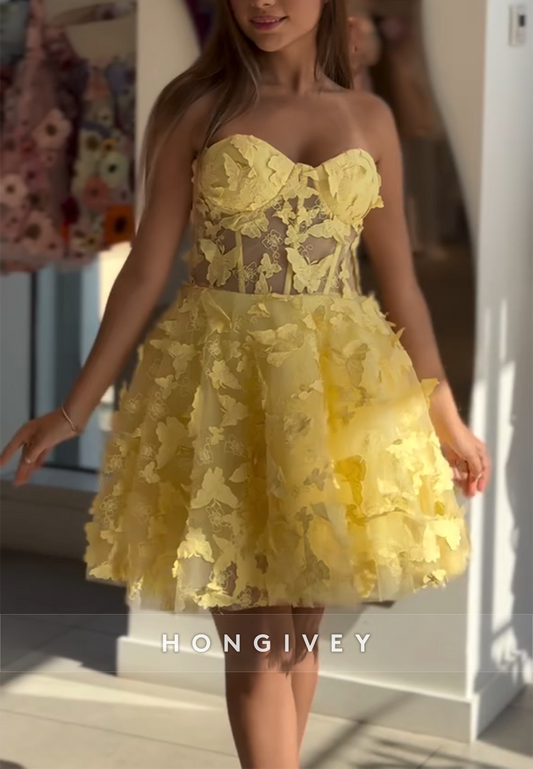 Yellow A-Line Strapless Short Homecoming Dress with Butterfly Appliques