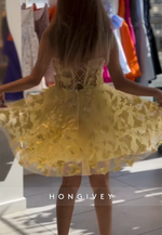 Yellow A-Line Strapless Short Homecoming Dress with Butterfly Appliques