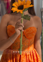 Orange Sweetheart Lace Strapless Sleeveless Flowers Short Homecoming Dress