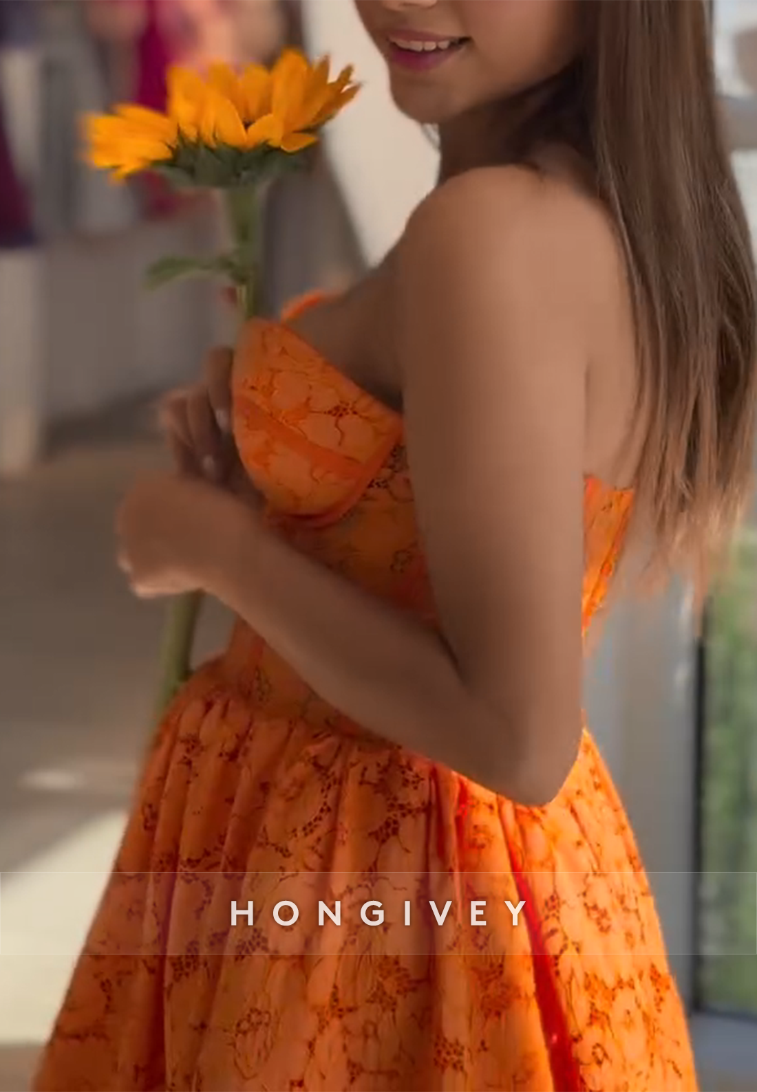 Orange Sweetheart Lace Strapless Sleeveless Flowers Short Homecoming Dress