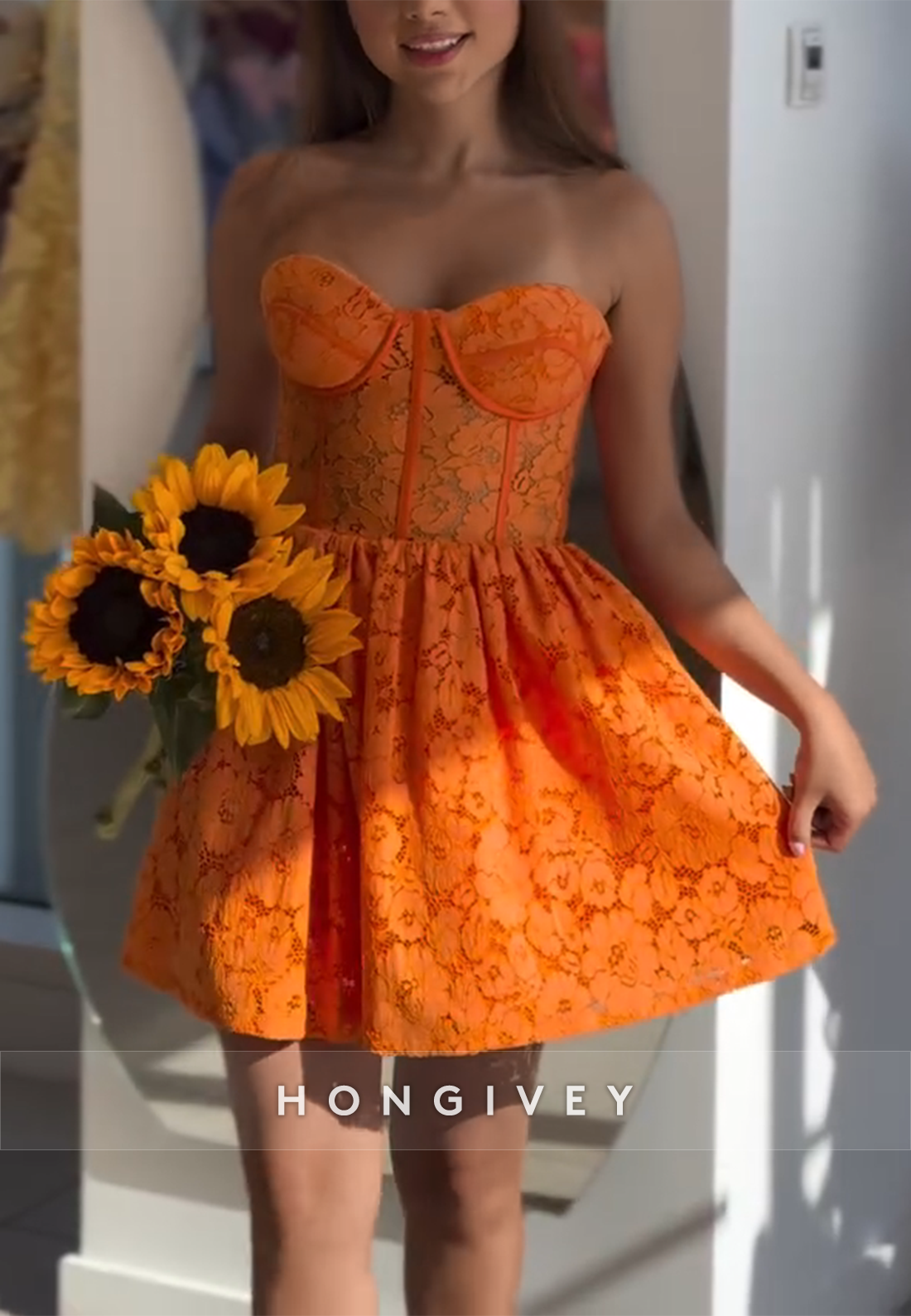 Orange Sweetheart Lace Strapless Sleeveless Flowers Short Homecoming Dress
