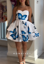 Cute A-Line Sweetheart Butterfly Print Tie Back Strapless Short Homecoming Dress