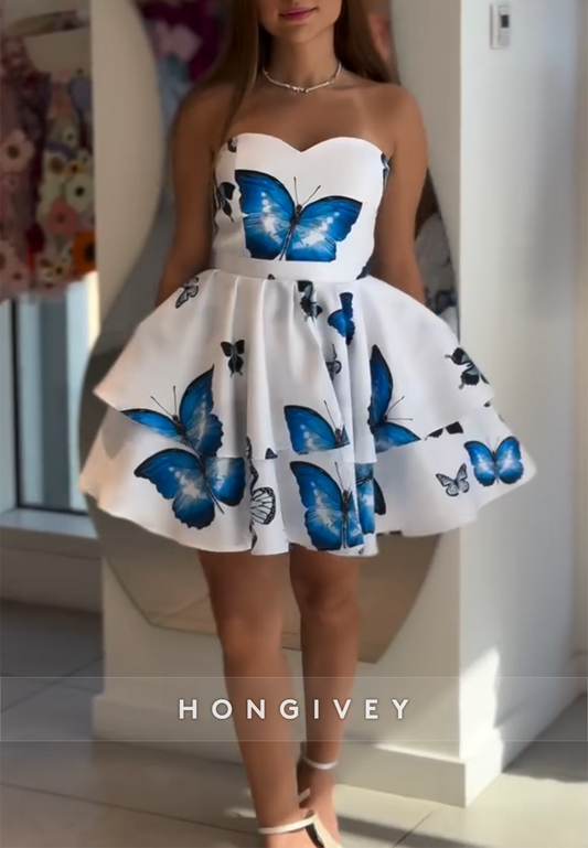 Cute A-Line Sweetheart Butterfly Print Tie Back Strapless Short Homecoming Dress