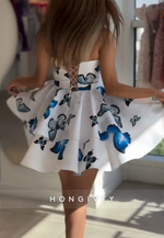 Cute A-Line Sweetheart Butterfly Print Tie Back Strapless Short Homecoming Dress