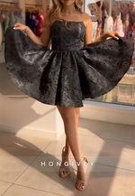 Black Strapless A-Line Pleated Floral Print Tie Back Short Homecoming Dress