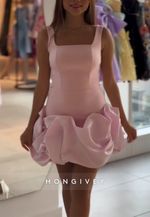 Cute Pink Square Neck Regular Straps Pleated V Back Short Homecoming Dress