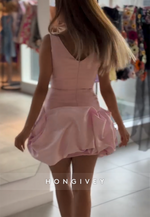 Cute Pink Square Neck Regular Straps Pleated V Back Short Homecoming Dress