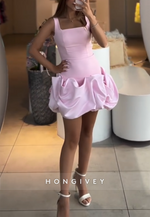 Cute Pink Square Neck Regular Straps Pleated V Back Short Homecoming Dress
