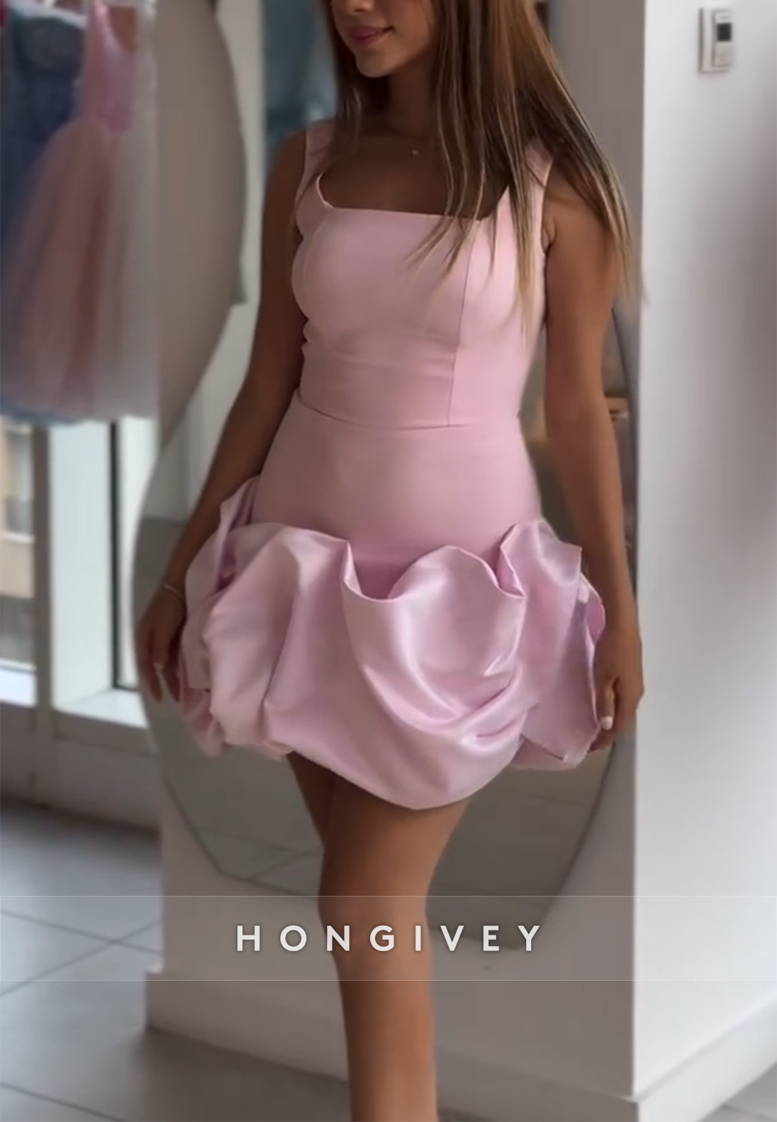 Cute Pink Square Neck Regular Straps Pleated V Back Short Homecoming Dress