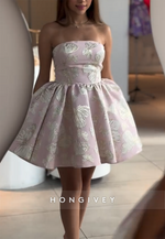 Strapless Butterfly Print Pleated A-Line Short Homecoming Dress with Bowknot