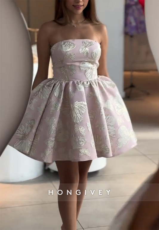 Strapless Butterfly Print Pleated A-Line Short Homecoming Dress with Bowknot