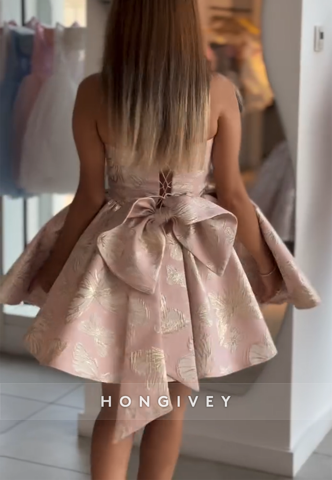 Strapless Butterfly Print Pleated A-Line Short Homecoming Dress with Bowknot