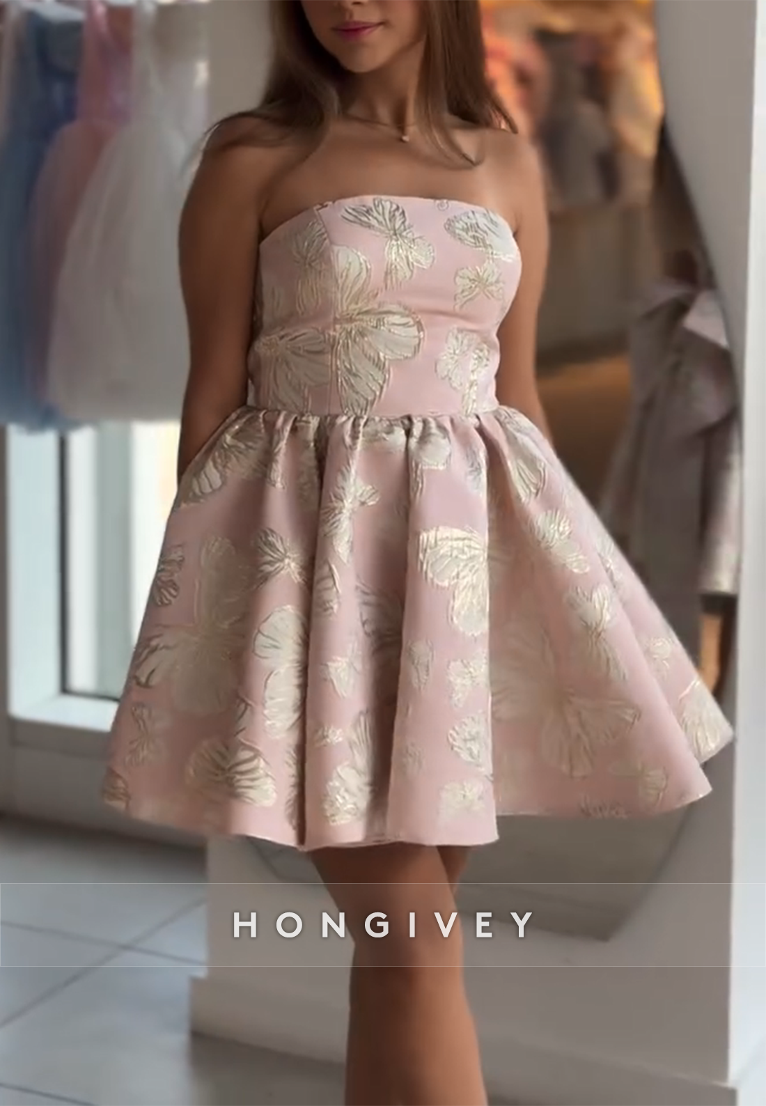 Strapless Butterfly Print Pleated A-Line Short Homecoming Dress with Bowknot
