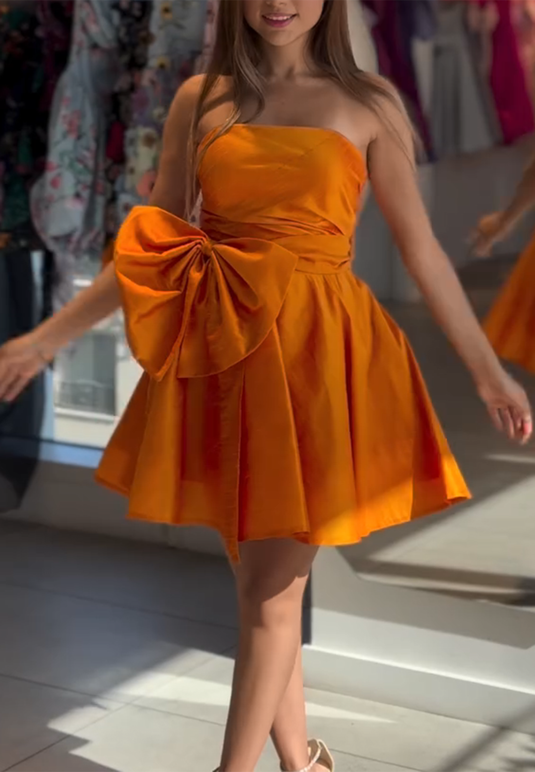 Orange A-Line Strapless Pleated Short Homecoming Dress with Bowknot