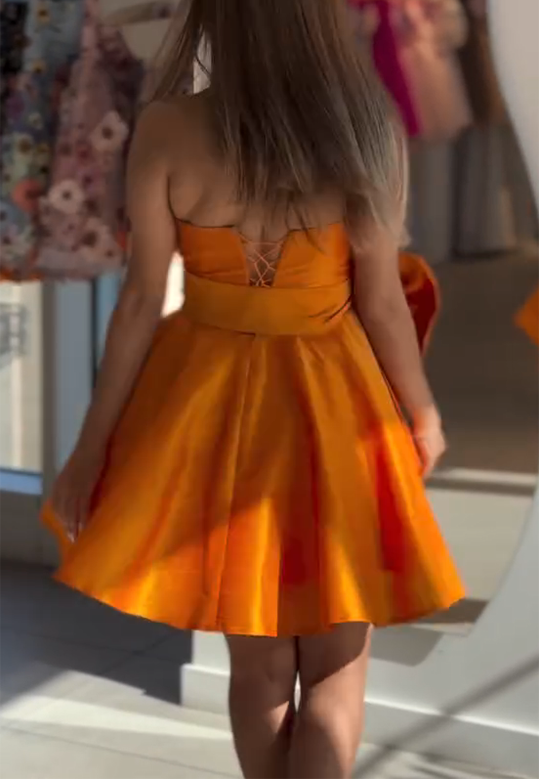 Orange A-Line Strapless Pleated Short Homecoming Dress with Bowknot
