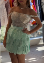 Off the Shoulder Glitter Corset Sheath Short Homecoming Dress with Feather
