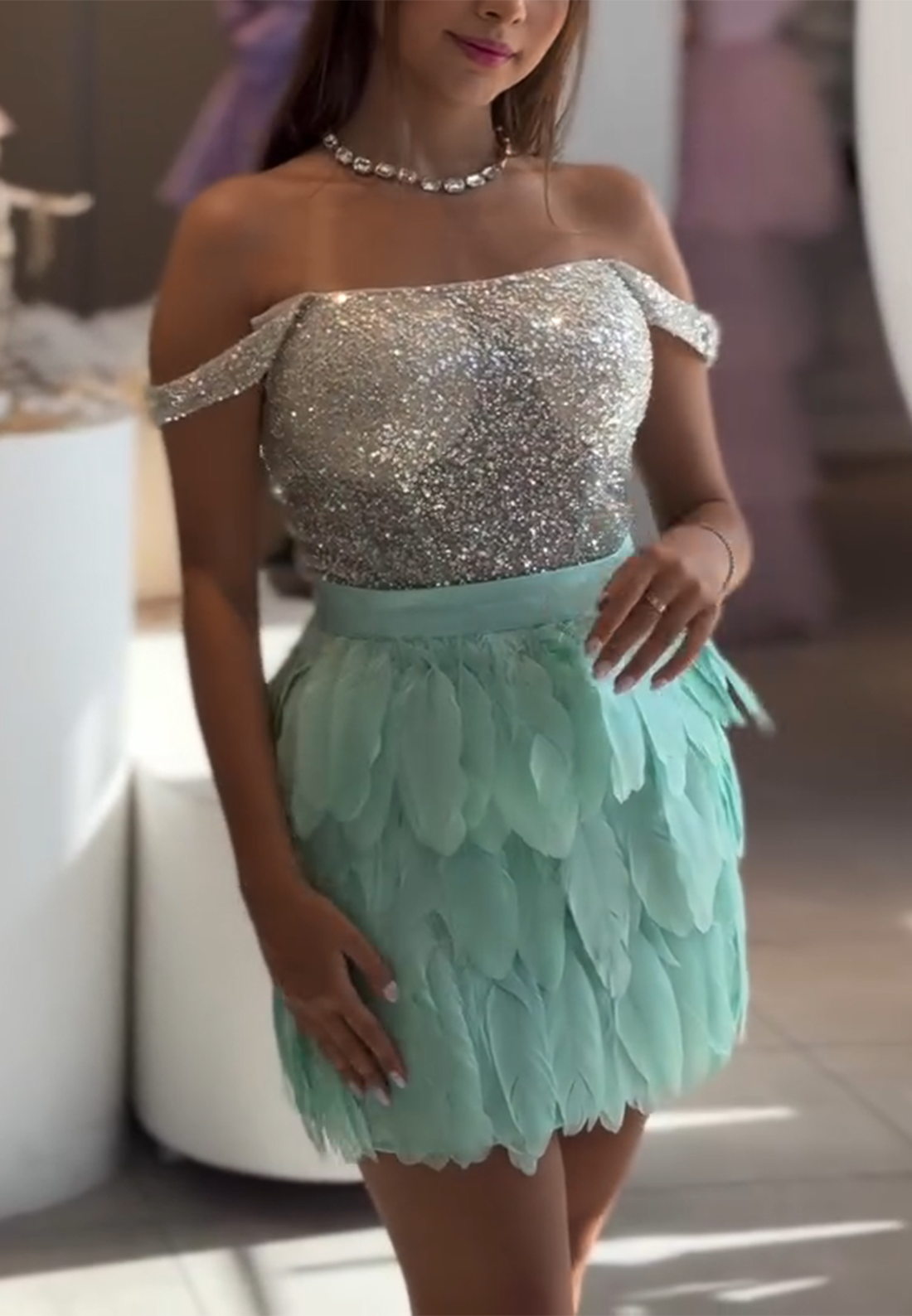 Off the Shoulder Glitter Corset Sheath Short Homecoming Dress with Feather