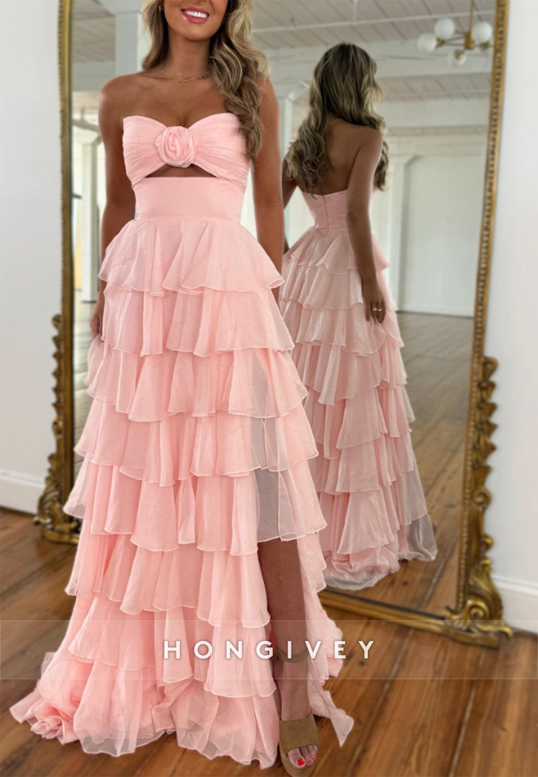 Blush Strapless Side Slit A-Line Long Prom Dress with Ruffles