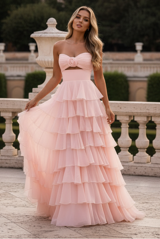 Blush Strapless Side Slit A-Line Long Prom Dress with Ruffles