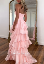 Blush Strapless Side Slit A-Line Long Prom Dress with Ruffles
