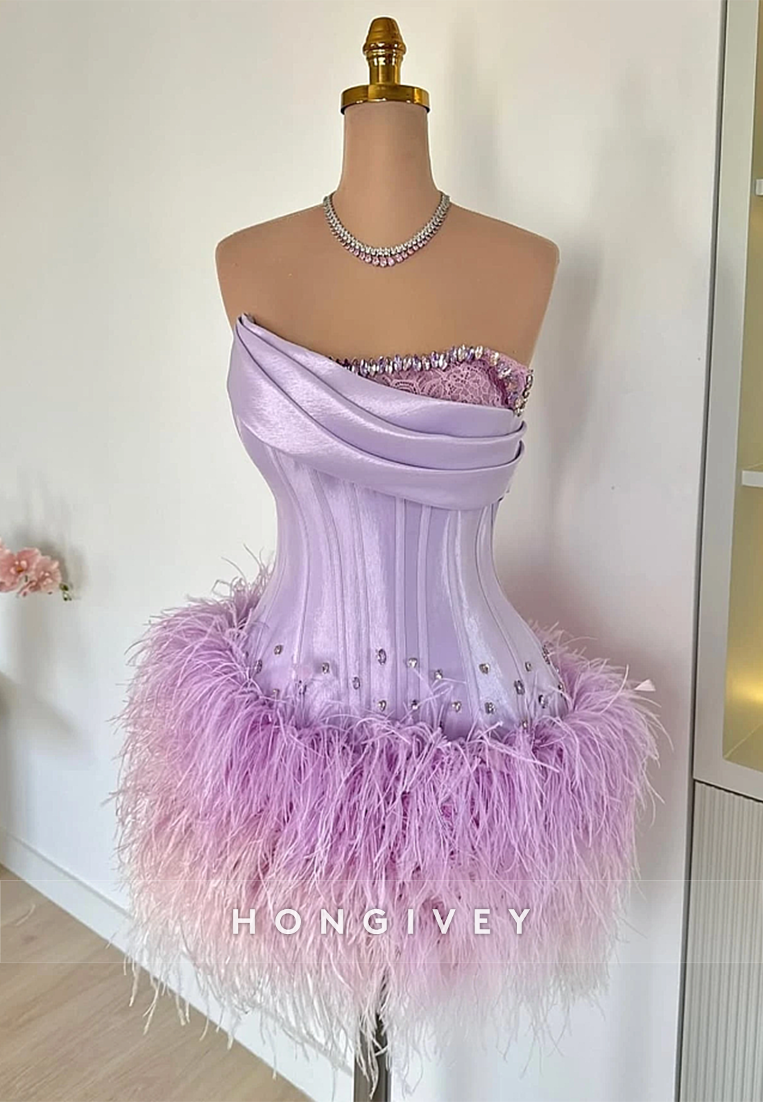 Lilac Off the Shoulder Satin Rhinestone Short Homecoming Dress with Feather