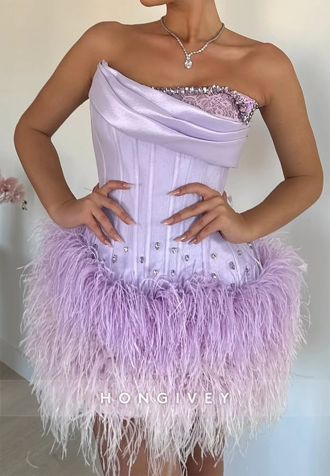 Lilac Off the Shoulder Satin Rhinestone Short Homecoming Dress with Feather