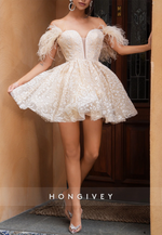 Off the Shoulder Ball Gowns  Feather Mini Homecoming Dress with Beading