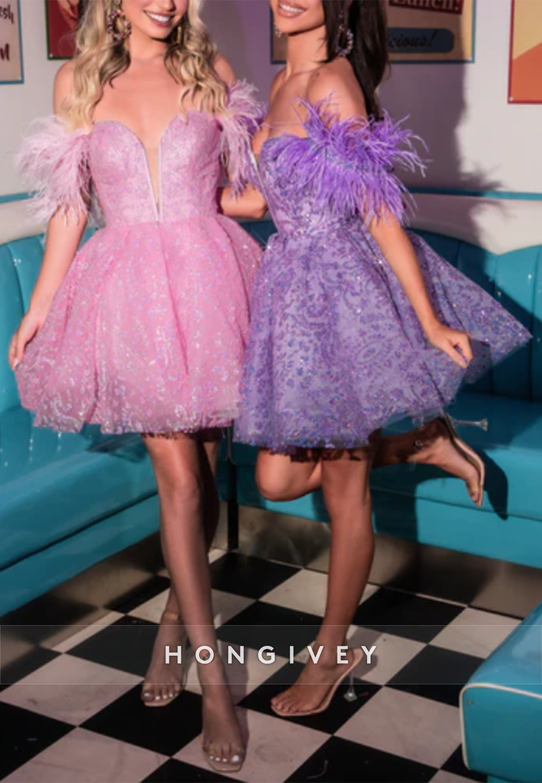 Off the Shoulder Ball Gowns  Feather Mini Homecoming Dress with Beading