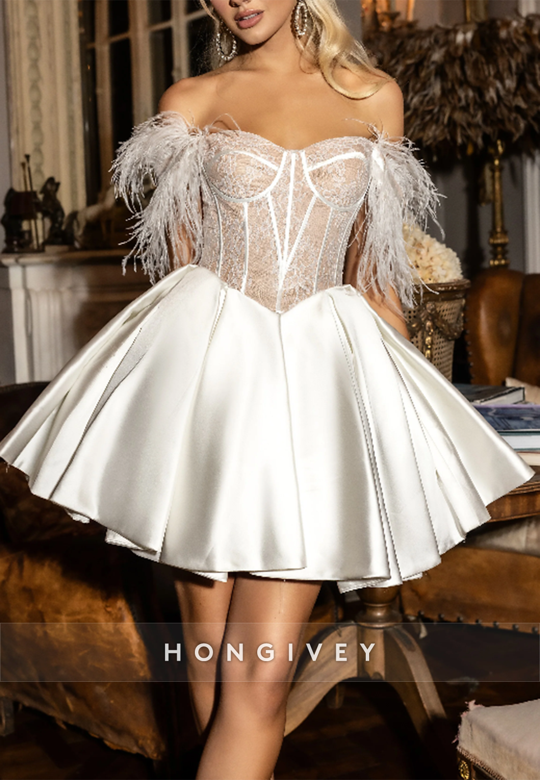 Satin Off the Shoulder Ball Gowns Lace Homecoming Dress with Feather