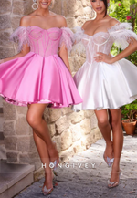 Satin Off the Shoulder Ball Gowns Lace Homecoming Dress with Feather