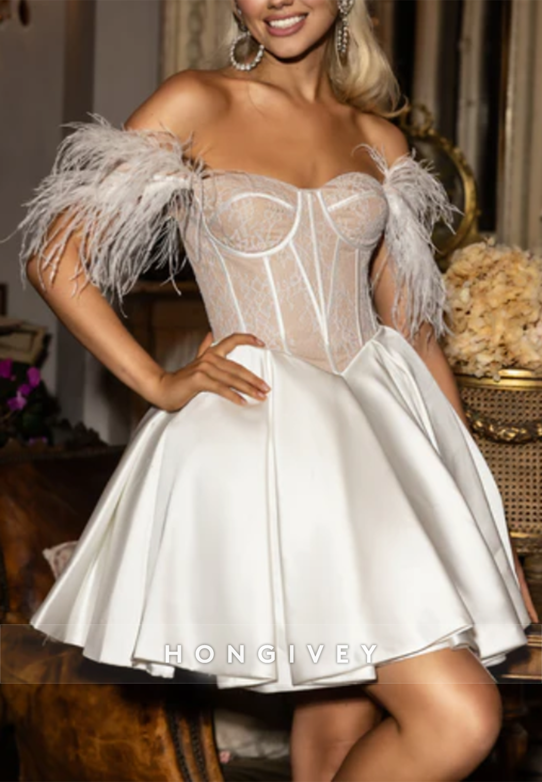Satin Off the Shoulder Ball Gowns Lace Homecoming Dress with Feather