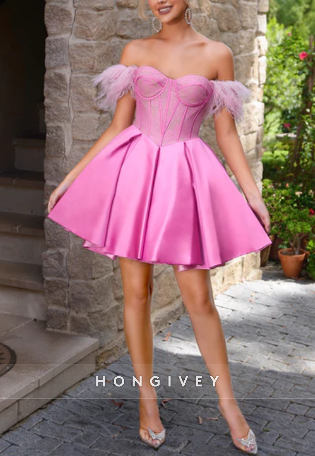Satin Off the Shoulder Ball Gowns Lace Homecoming Dress with Feather