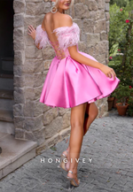 Satin Off the Shoulder Ball Gowns Lace Homecoming Dress with Feather