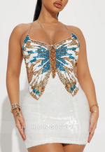 Butterfly Beaded Strappy Spaghetti Straps Sheath Tie Back Mini Homecoming Dress