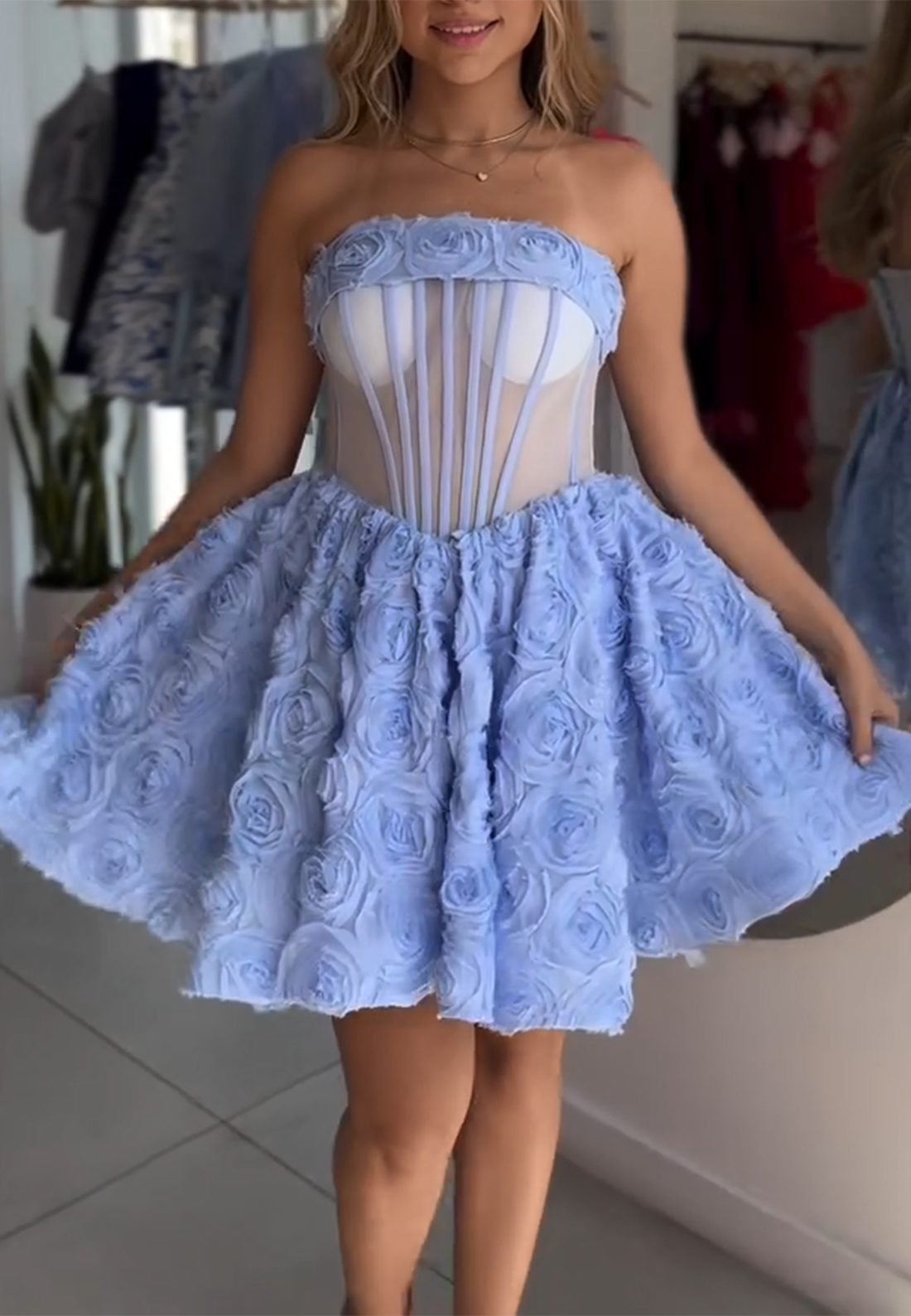 Strapless Princess Flowers Tie Back Short Homecoming Dress with Illusion Corset