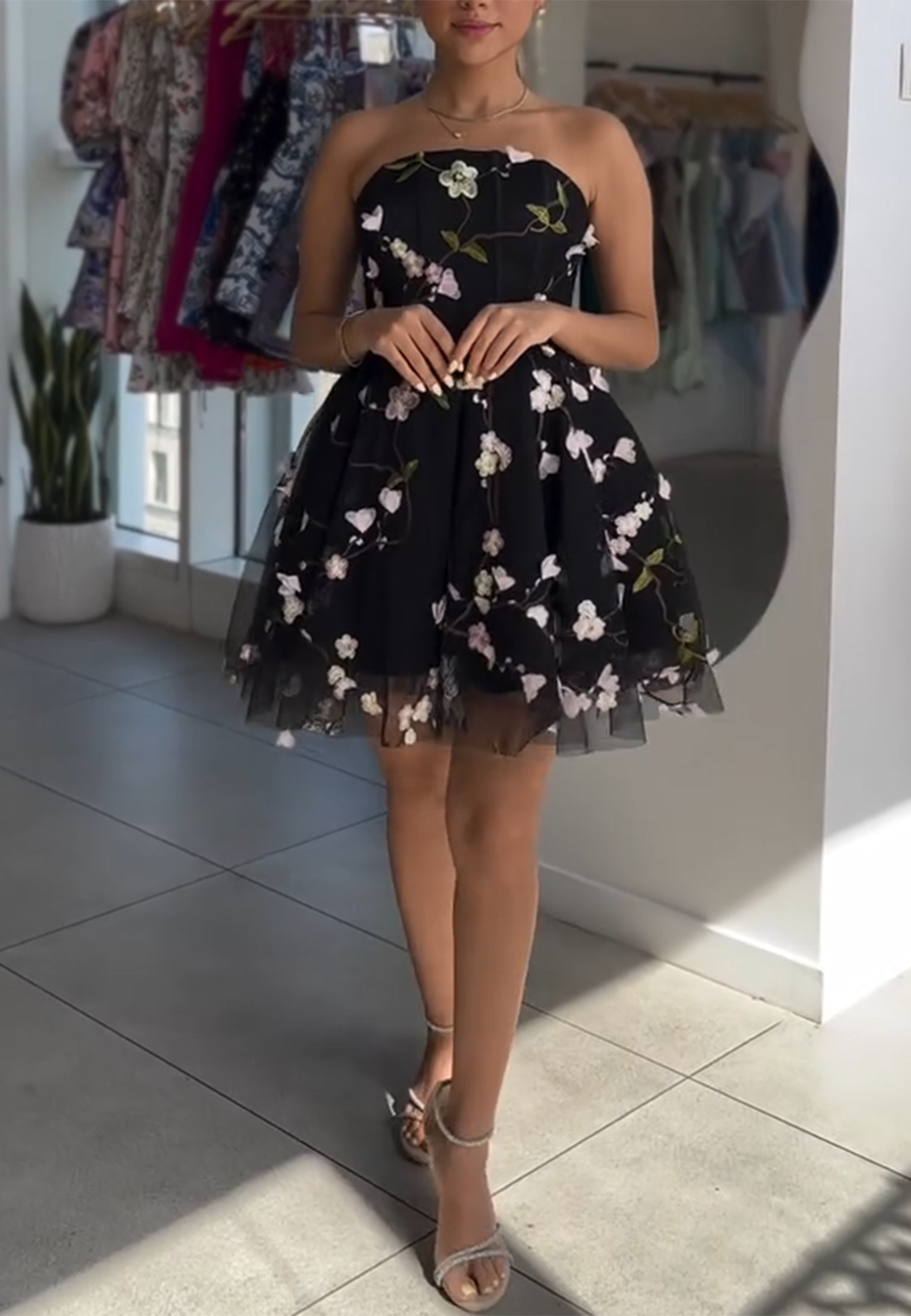 A-Line Strapless Tulle Homecoming Dress with Embroidery Flowers