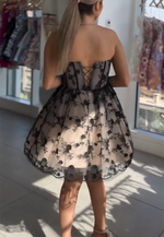 Tie Back Strapless A-Line Short Illusion Homecoming Dress with Flowers