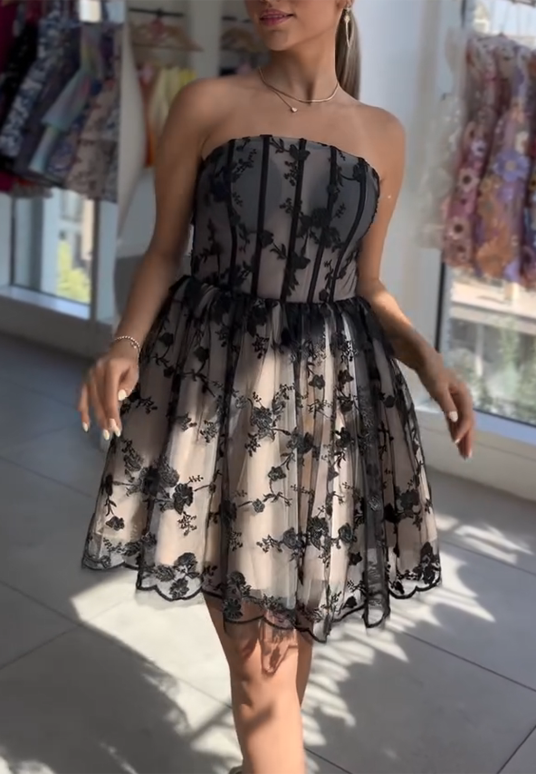 Tie Back Strapless A-Line Short Illusion Homecoming Dress with Flowers