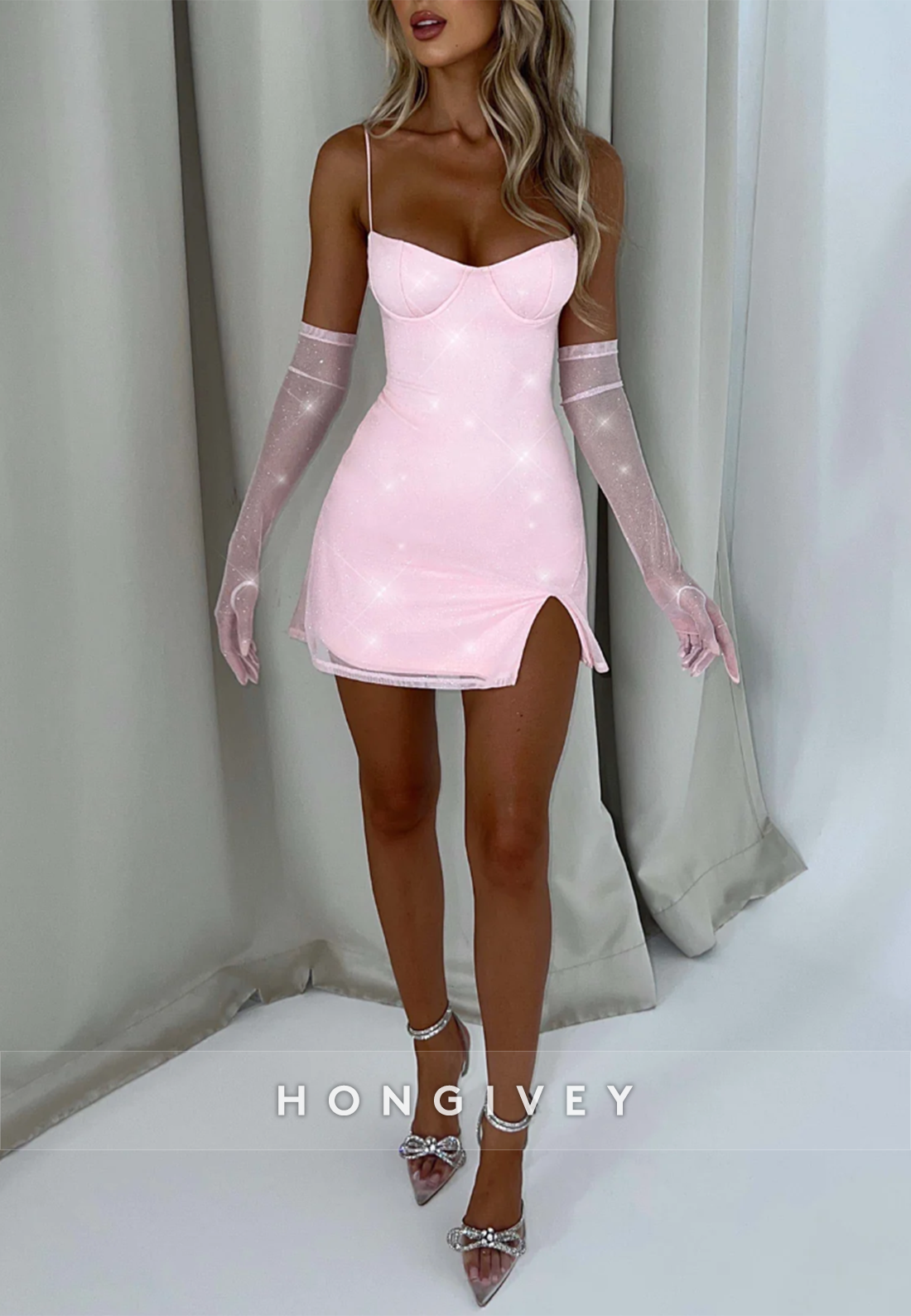 Spaghetti Straps Pale Blush Mini A-Line Homecoming Dress with Side Slit
