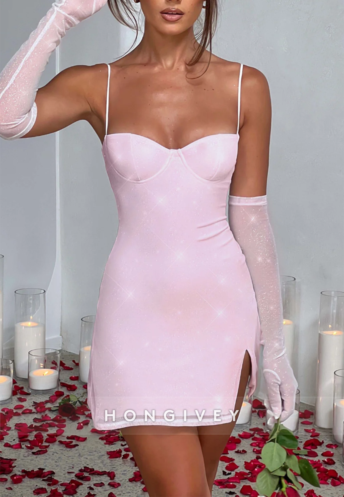 Spaghetti Straps Pale Blush Mini A-Line Homecoming Dress with Side Slit