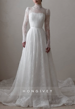 Illusion Neck High Neck A-Line Court Train  Lace Long Sleeves Wedding Dresses