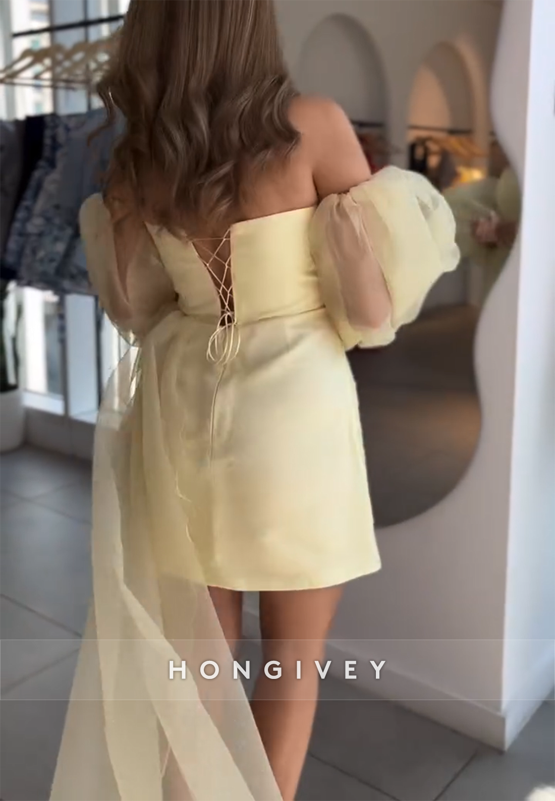 Yellow Sweetheart Off the Shoulder Tie Back Sheath Short Homecoming Dress