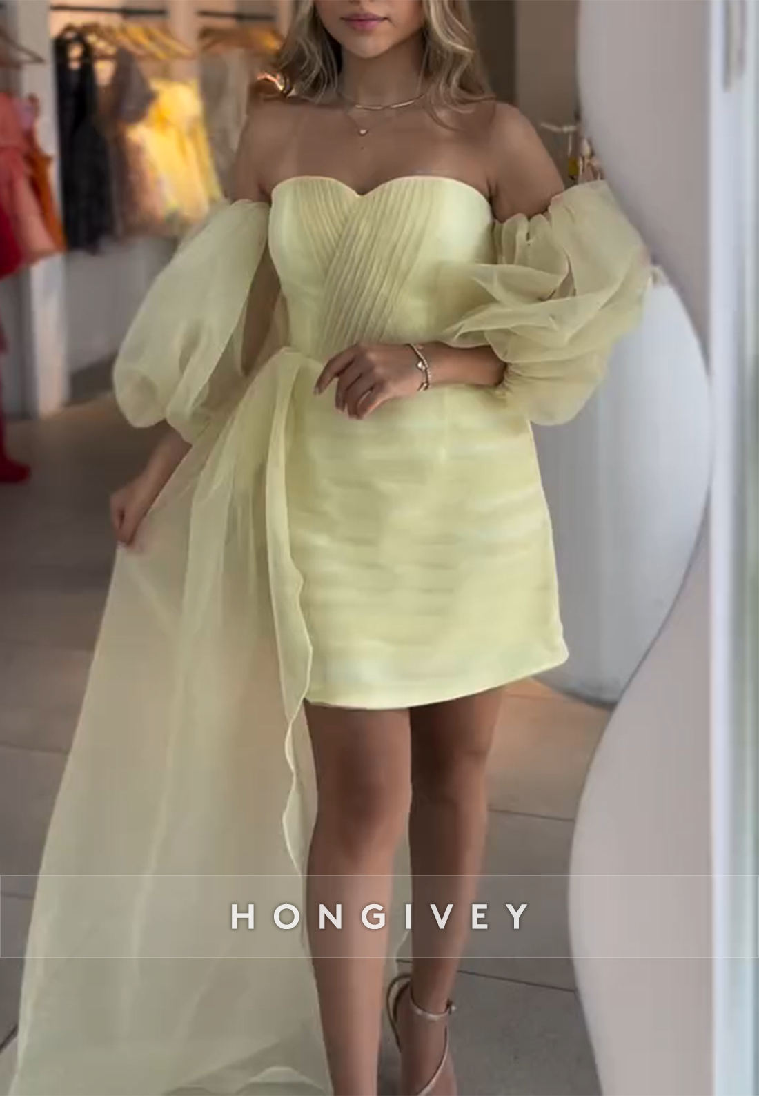 Yellow Sweetheart Off the Shoulder Tie Back Sheath Short Homecoming Dress